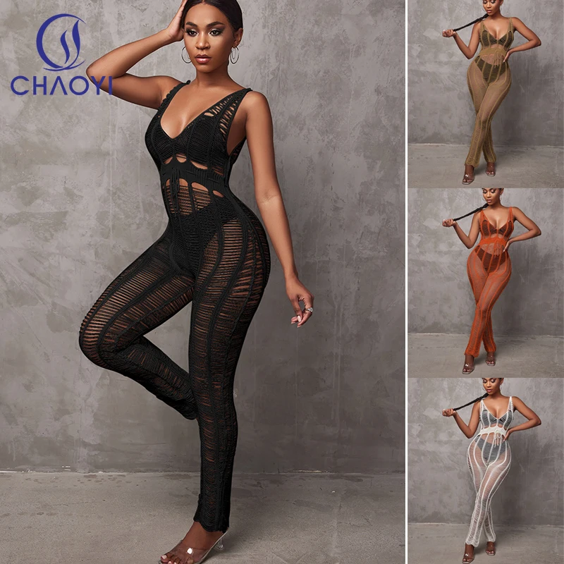 

CC Beach Cover Up Jumpsuits Women Summer Seaside Outing One-piece Garment Sexy V Neck See Through Slip Bodysuit Beachwear