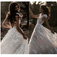 romantic lace bohemian wedding dresses 2021 boho sexy open back lace tulle a line bridal gowns 3d applique robe vestido de noiva