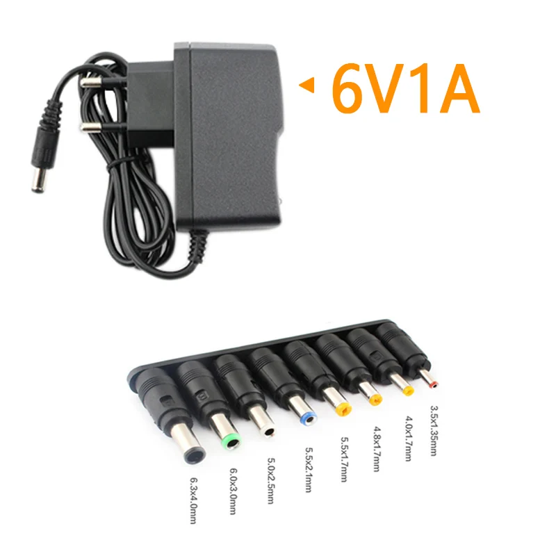 Supporting 8 different size connectors, 3.5mm x 1.35mm, 4.0mm x 1.7mm, 4.8mm x 1.7mm, 5.5mm x 1.7mm, 6V adapter power charger 1A