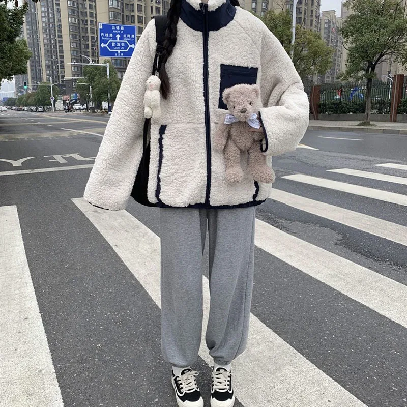 

New 2020 Winter Korean Style Spliced Sweet Full Sleeve Ladies Coats Soft Girly Kawaii Preppy Style Wool Cardigan Women Jacket