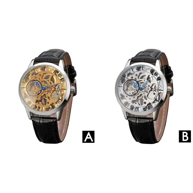 

WINNER Fashion Casual Men's Watches Mechanical Hollow Wristwatches Leather Band Watch