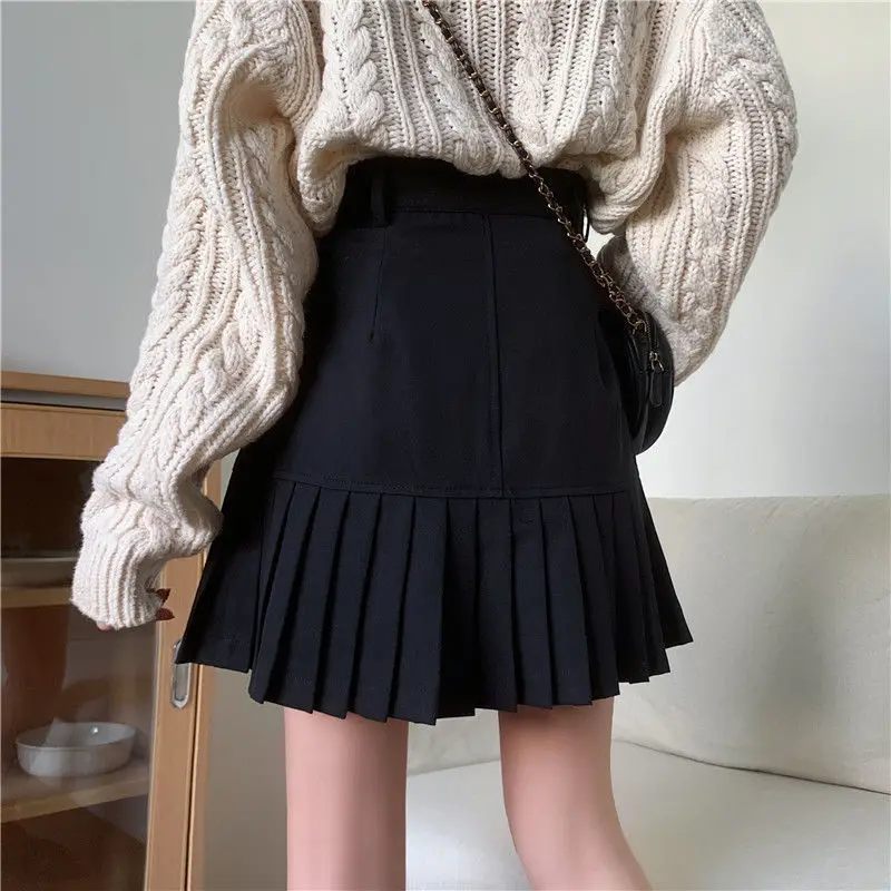 

Large size women's Korean high waist pleated skirt solid short skirt spring and summer fat mm Korean A-line skirt with short