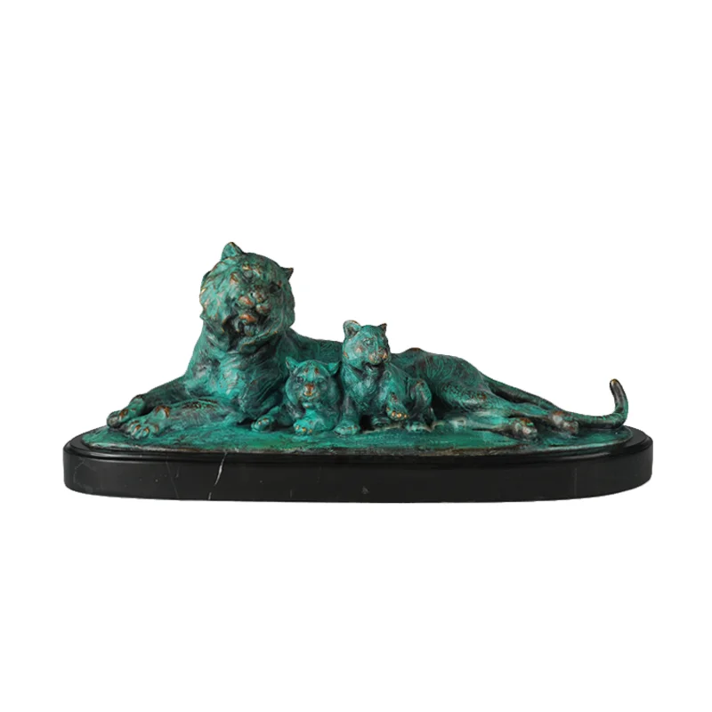 

Bronze Sculpture Tiger Family Tigress with Cubs Statue Art Hot Casting Brass Marble Base Office Home Decor