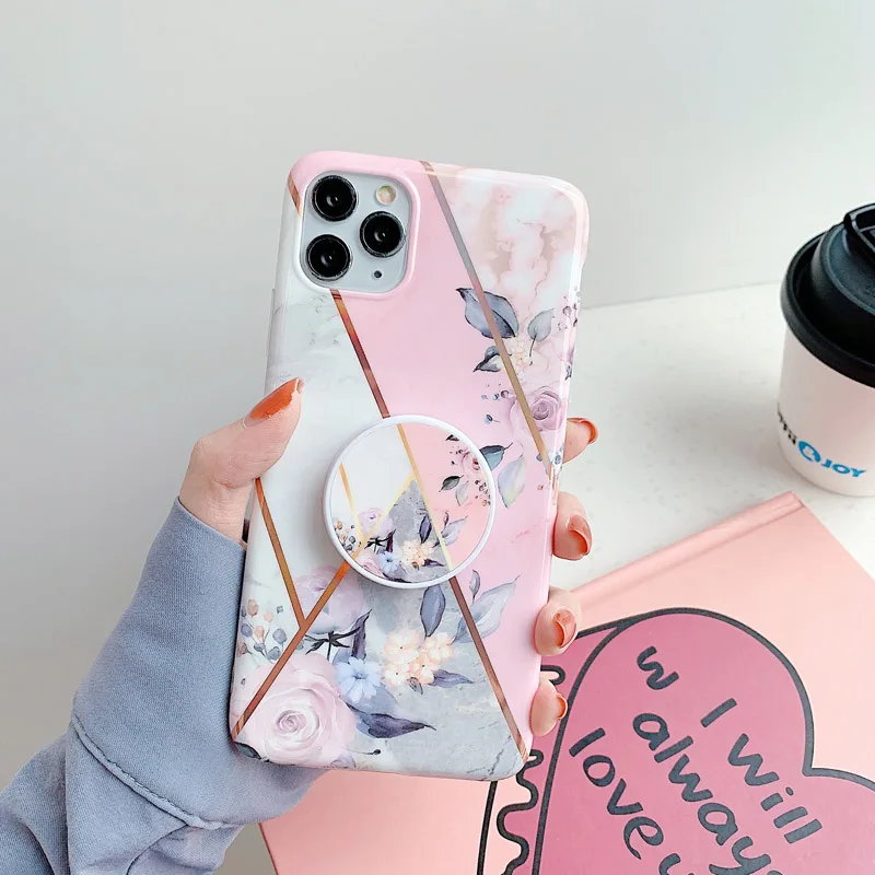

Grip Stand Holder For iPhone 11 Pro 12 Max XR Case XS Max 7 8 Plus 12 Mini Plating Shockproof Back Cover Soft Shell Geometry