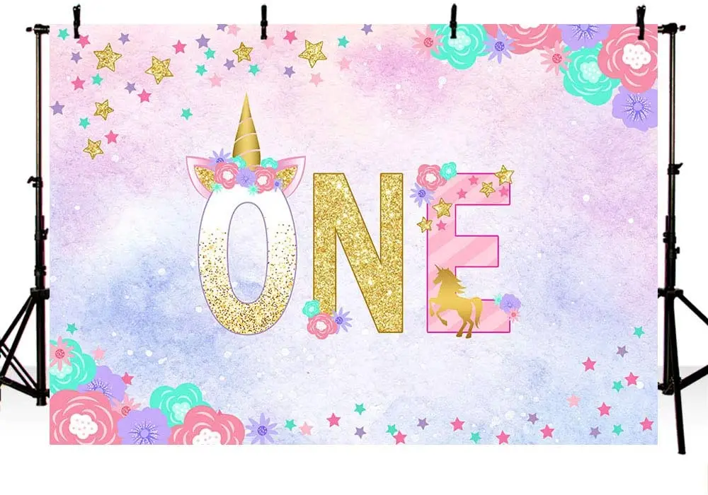 Unicorn First Birthday Watercolor Photo Studio Booth Background Props Colorful Stars Floral Princess One Magical Birthday Party