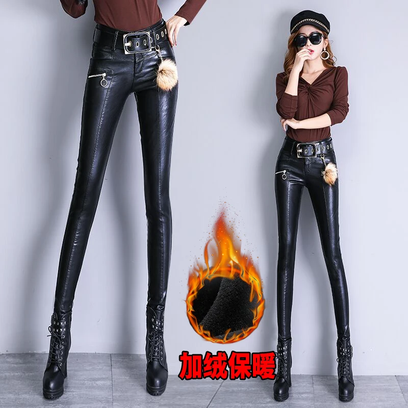 Women's PU Leather pants Skinny high waist Faux Leather pants velvet thick winter PU Pencil pants women pants wear PU trousers