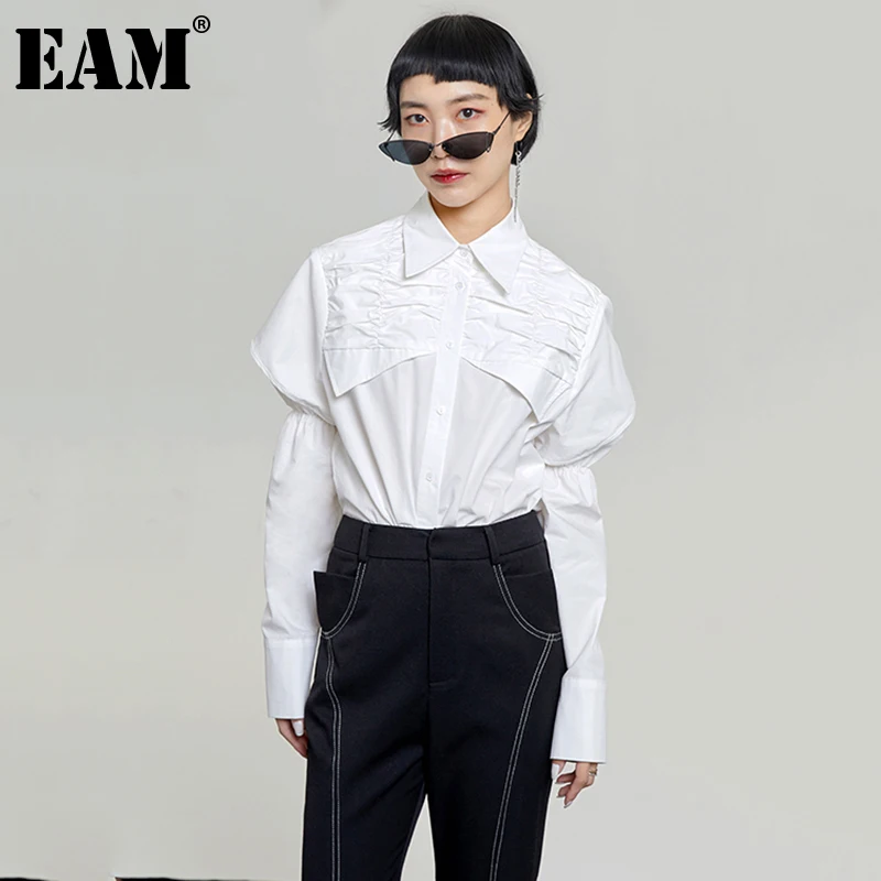

Женская винтажная блузка [EAM], белая рубашка свободного кроя с длинным рукавом и отложным воротником, весна-осень 2022, 1DD3492