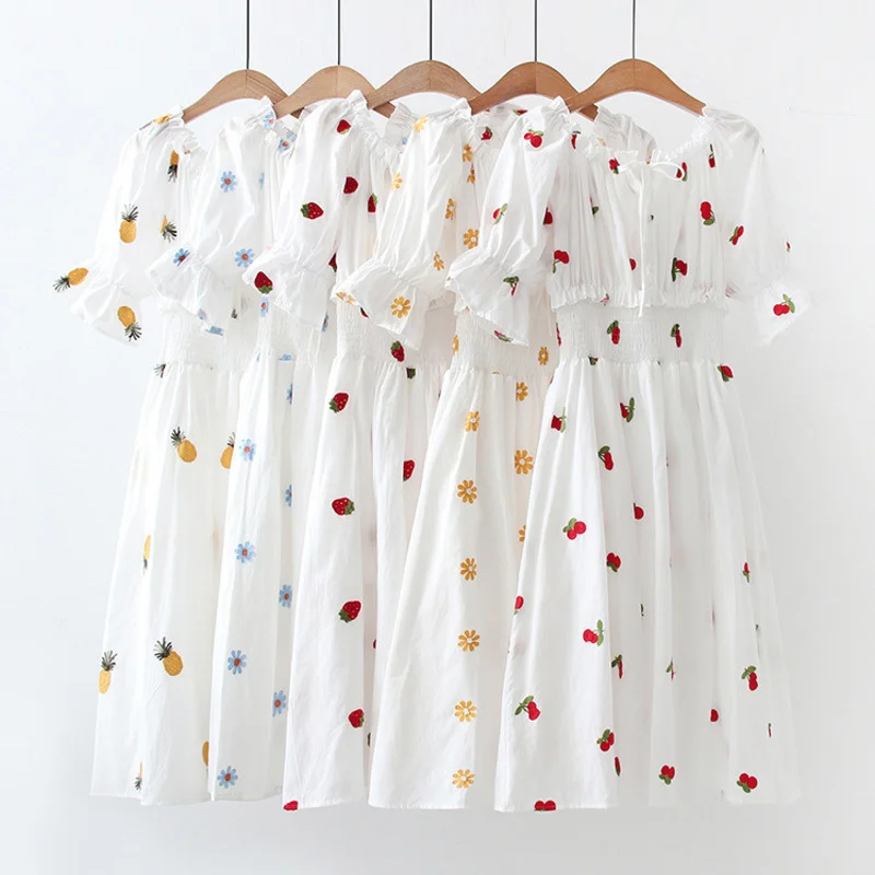 

2021 Summer Bow Lace Up Fruit Embroidery Women Dress Elastic Waist Flare Sleeve A Line Long Dress Sweet Girls Ruffles Midi Dress