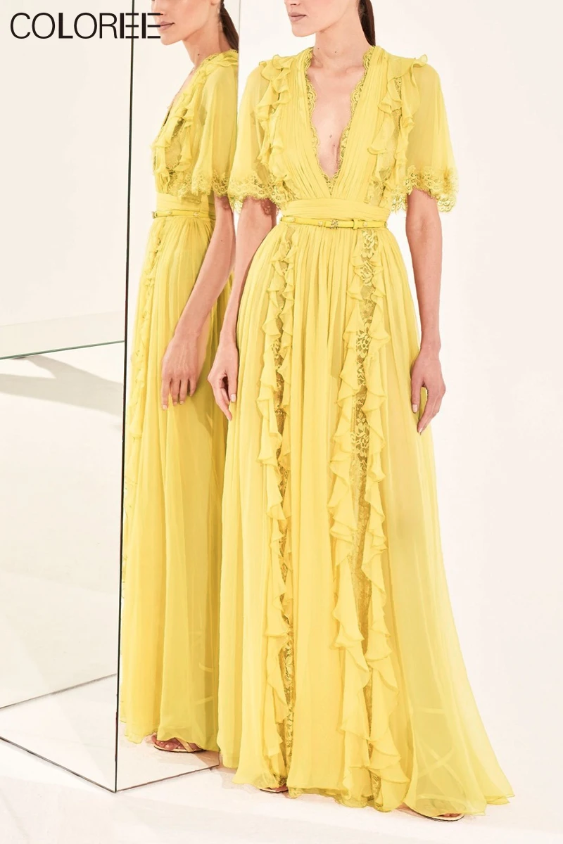 

Yellow Boho Vacation Long Dresses for Women Summer 2020 Bohemian V-neck Ruffles Chiffon Pleated Long Dress Vestidos