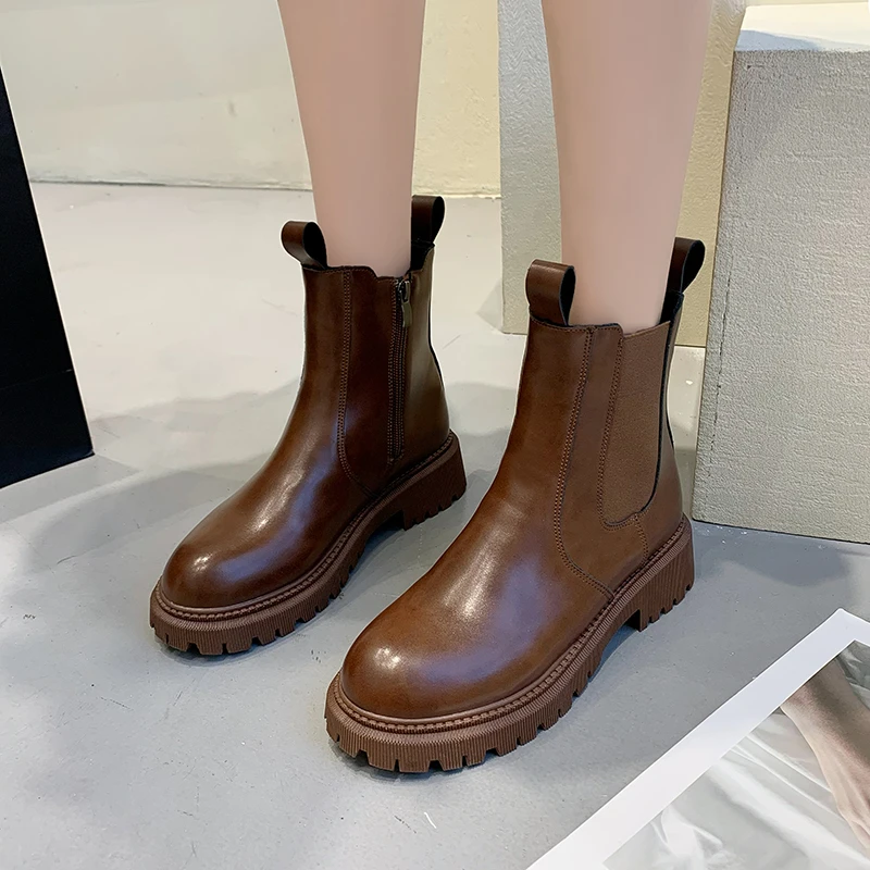 

Women Chunky Heel Chelsea Boots 2021 Solid Leather Women Boots Luxury Brand Platform Boots Women Ankle Boots Winter Shoes