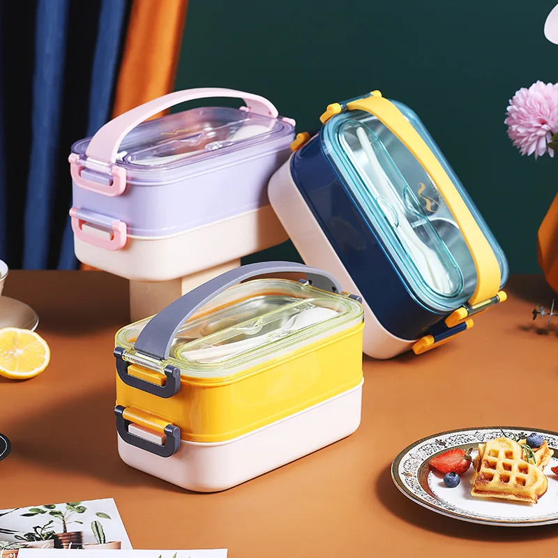 

2 Layers Grids Lunch Box Spoon Chopstick Container Bento Lunch Boxes Keep Warm Fresh Bowl Colorful Insulation Box Tableware