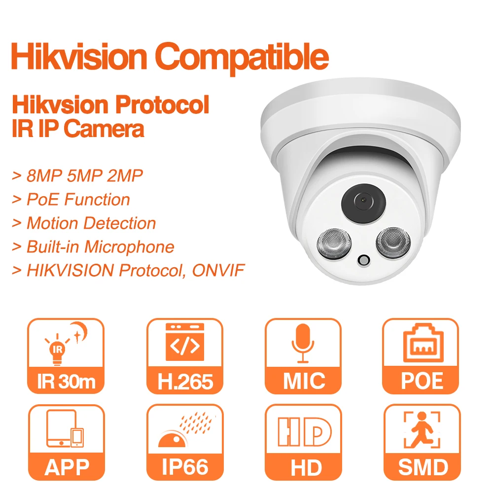 Hikvision совместимый IP Камера 5MP 8MP купольная PoE Встроенный микрофон CCTV товары 2MP ИК 50m