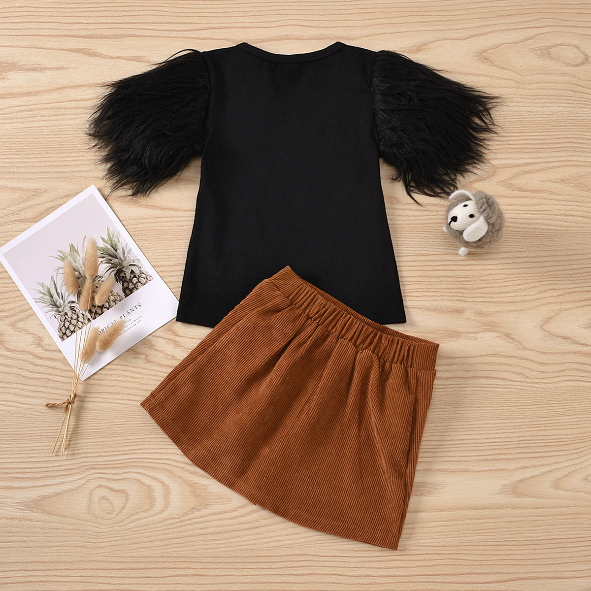 Conjuntos de ropa para ni&ntilde;as de 2 a 8 a&ntilde;os, camisetas lisas de manga corta de piel, Tops, faldas acampanadas con botones-2