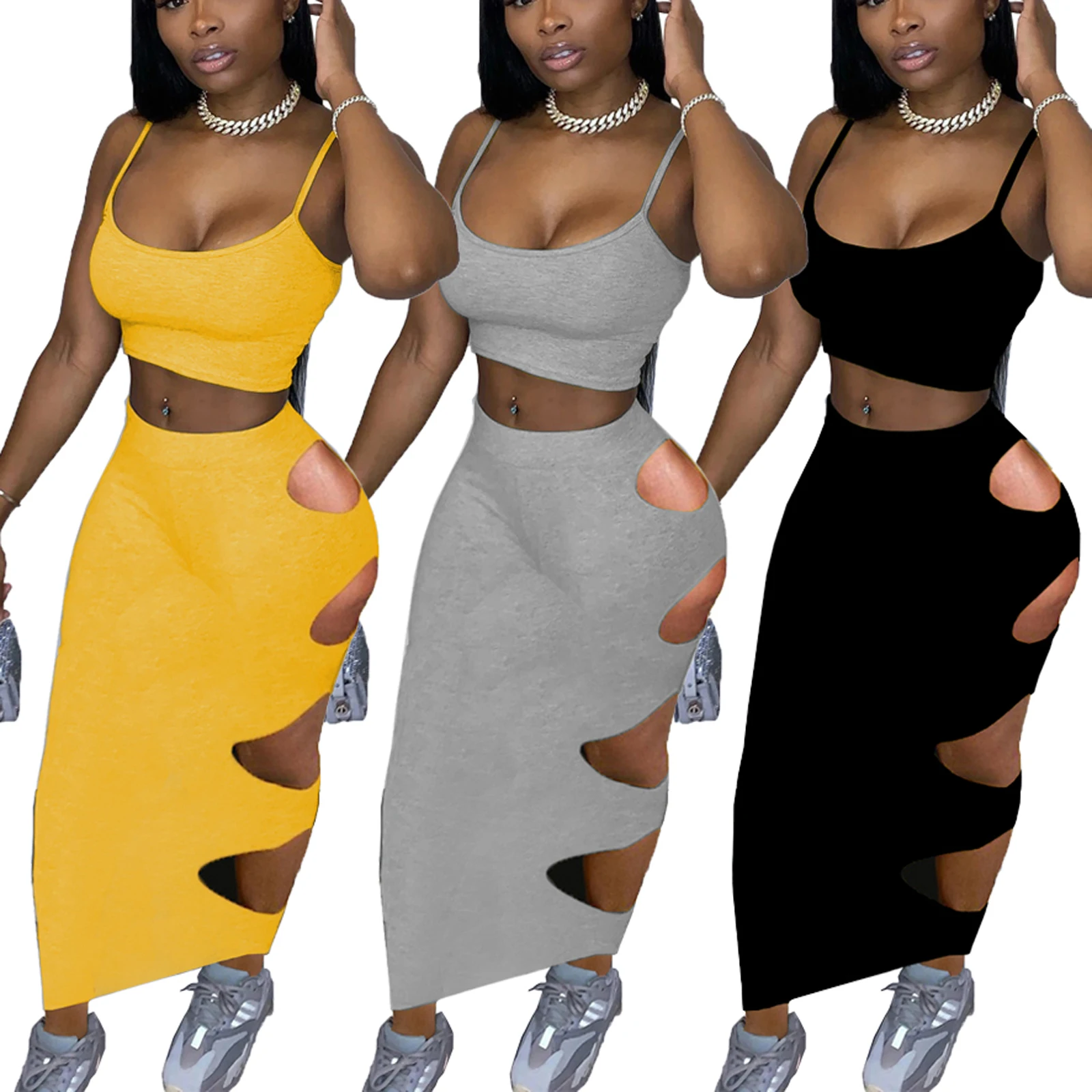 

Hollow Out Sexy 2 Piece Set Women Skirt and Top Set Women Two Piece Outfits Bodycon Summer Matching Skirt Set for Women