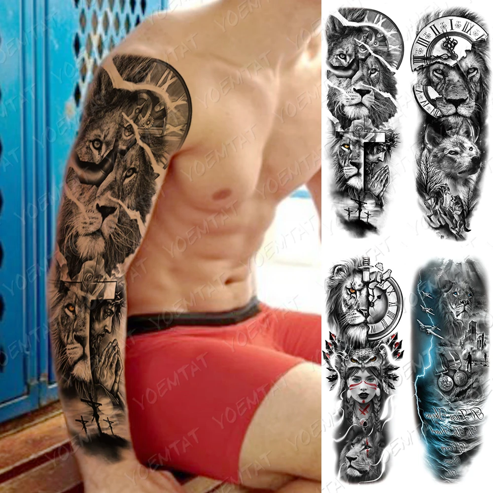 

Waterproof Temporary Full Arm Tattoo Sticker Lion Wolf Tribal Totem Warrior Flash Tatto Man Body Art Big Fake Sleeve Tatoo Women