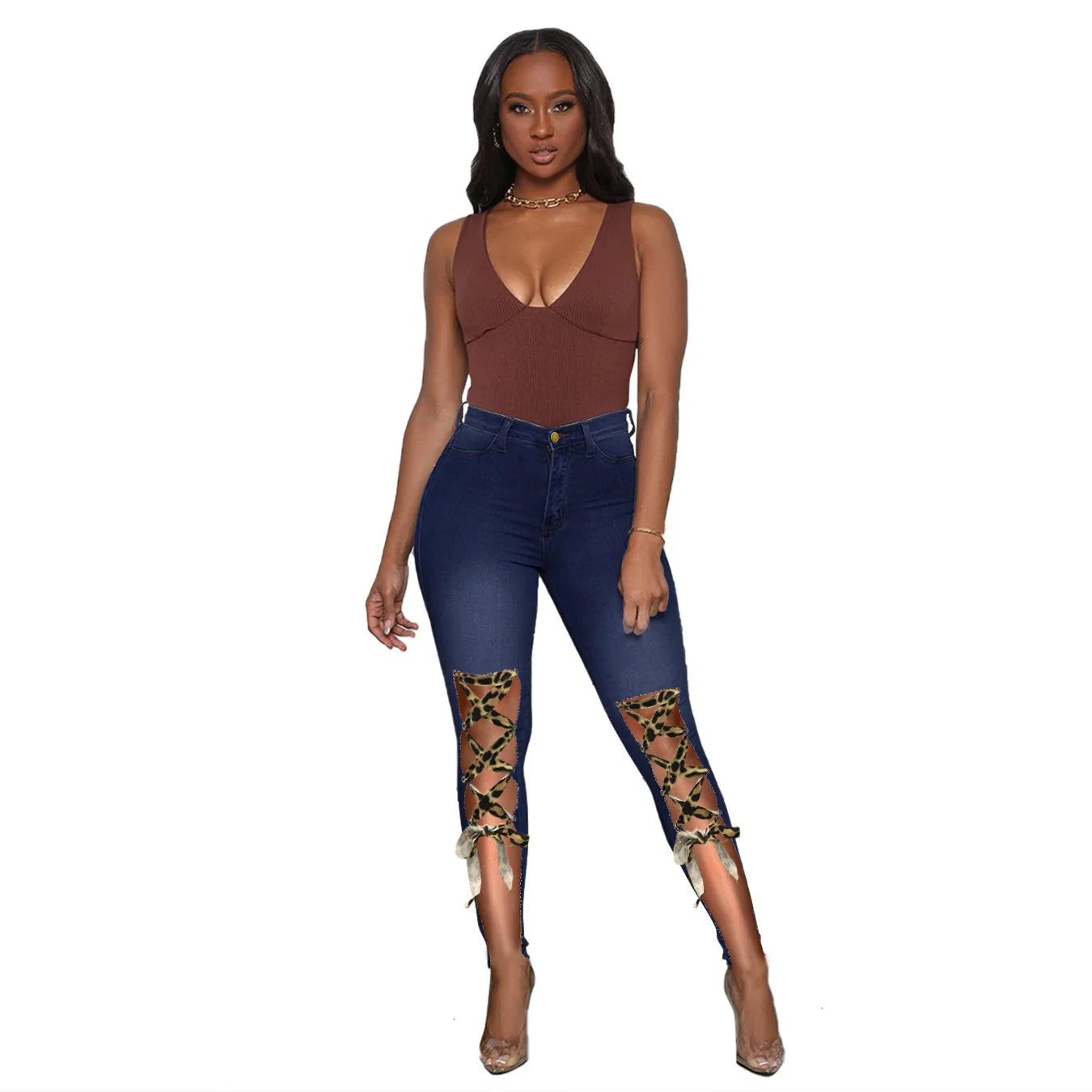 

Fashionable Women Bandage Jeans New Arrivals High Waist Hollow Out Leopard Printing Lace up Skinny Long Jeans Club Streetwear