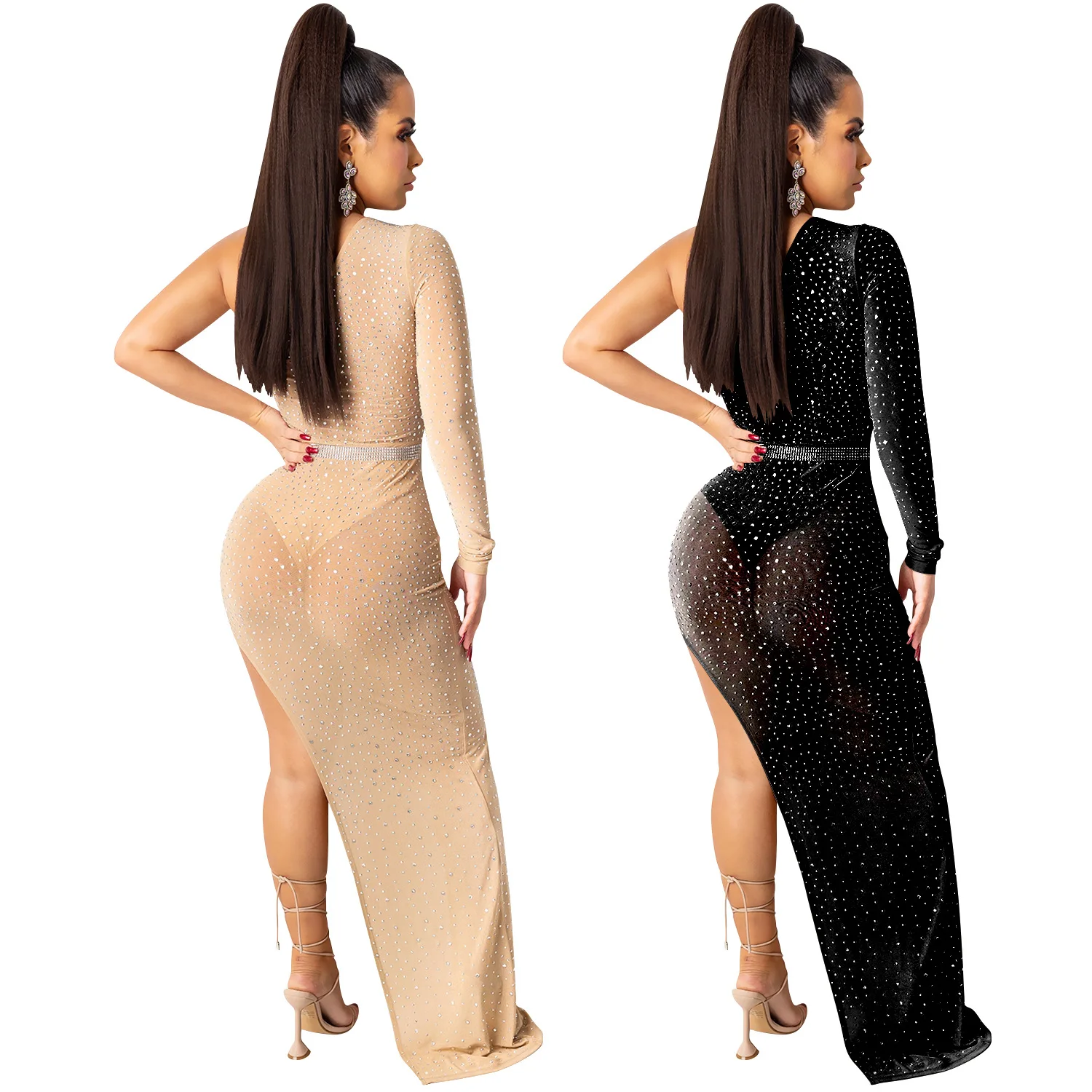 

2021 Spring Women's Clothes Long Skirt Fashion Women's Clothing Sexy Nightclub Dress Mesh See-through Irregular Dress