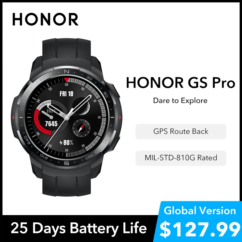 

Смарт-часы HONOR Watch GS Pro, измерение уровня кислорода в крови и пульса, водостойкие, 25 дней в режиме ожидания