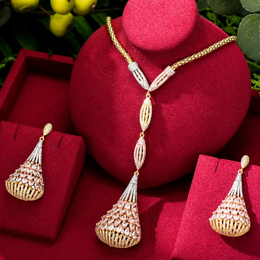 

Brand New Luxury Gorgeous Long Drop Pendant Earrings Necklace Jewelry Set Super CZ for Women Ladies Girl Best Gift High Quality