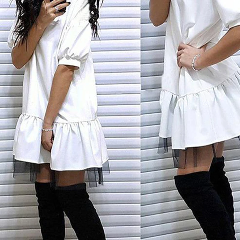 

Women 2021 Sweet Fashion Ruffled White Mini Dress Vintage Oneck Puff Sleeve Female Dresses Chic Vestidos Mujer