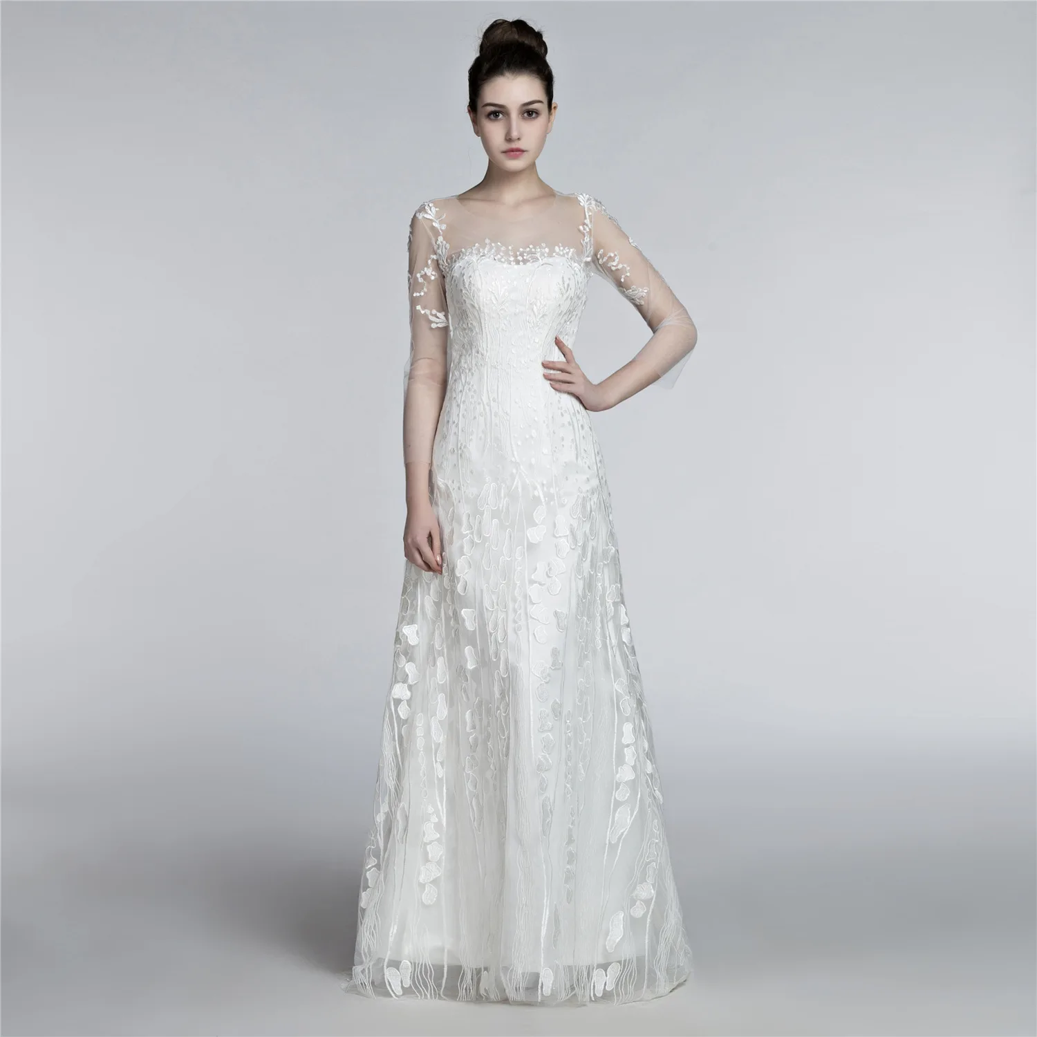 

Роскошное кружевное свадебное платье, Длинные свадебные платья, индивидуальный пошив, ТРАПЕЦИЕВИДНОЕ Элегантное свадебное платье без рука...