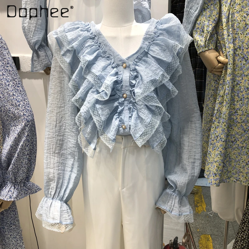 

Женская кружевная блузка, многослойная блузка с V-образным вырезом и расклешенными рукавами, однобортная рубашка с волшебным принтом листь...