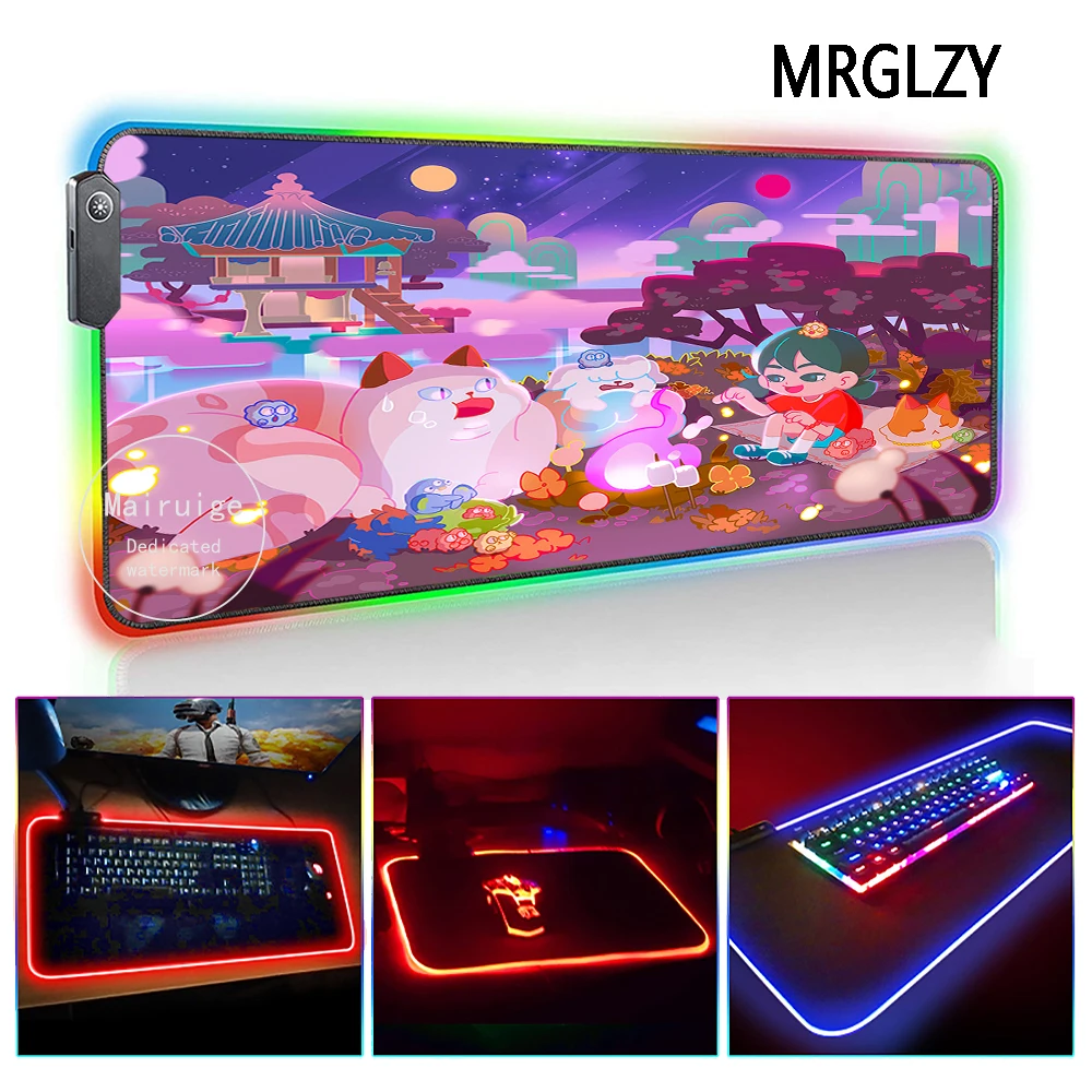 

MRGLZY Cartoon Pink LED Light RGB Large Mouse Pad Rug Carpet XL Genshin Impact DeskMat Gaming Accessories for PC Laptop Keyboard