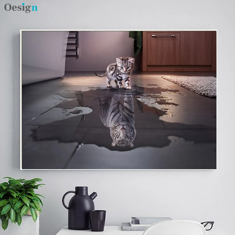 

Cat Tiger Reflection Animal Funny Poster Simple Canvas Art Print Motivational Paiting Wall Picture for Living Room Decoration