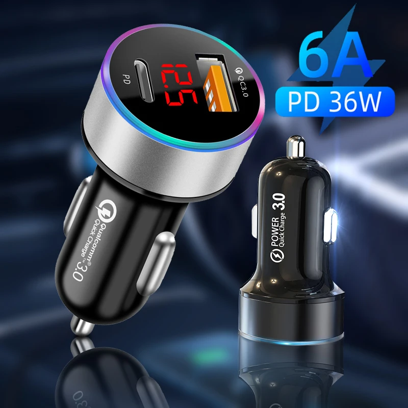 

36W Car Charger LED Dual USB PD QC 3.0 Fast Phone Charge Adapter For iPhone 12 Pro Max Xiaomi 11 Samsung S21 S20 Huawei P40 P30