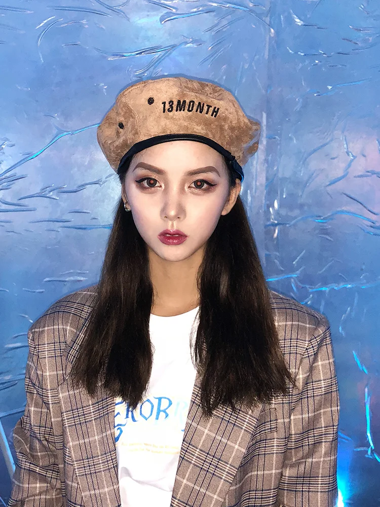 

Embroidered lettered beret female joker suede pumpkin hat painter's hat berets caps for women womens hats