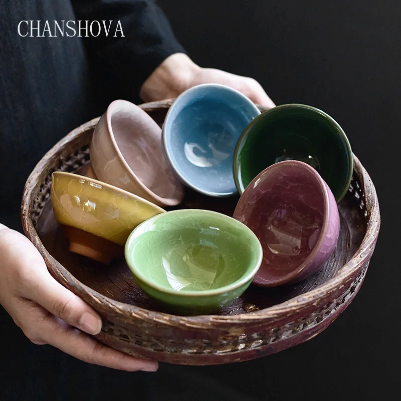 

CHANSHOVA 100ml Traditional chinese retro style Crackle Ceramic Teacup Six colors China porcelain large Coffee Tea cups H300