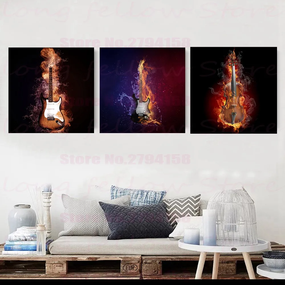 Огненная электронная гитара скрипка натюрморт Картина на холсте музыкальные