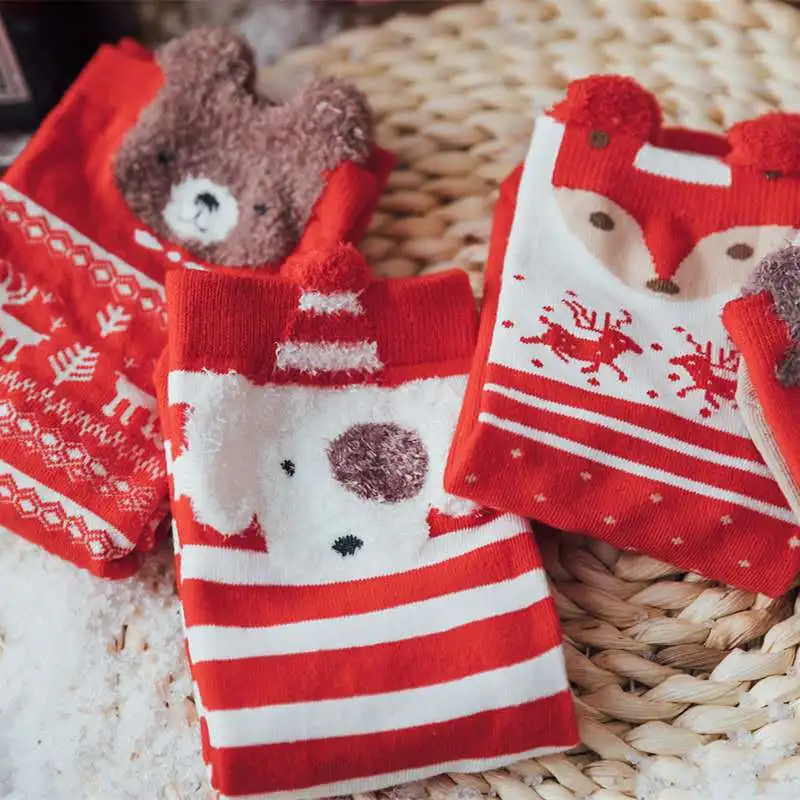 Christmas Socks Boxed Cartoon Cute Middle Tube Socks Female Cotton Socks Red Christmas Socks Gift Box