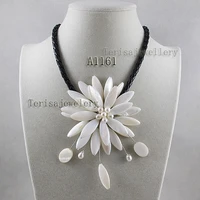 new style flower pearl necklace clasic real shell natural freshwater pearl black rope wedding birthday gift women fine jewelry