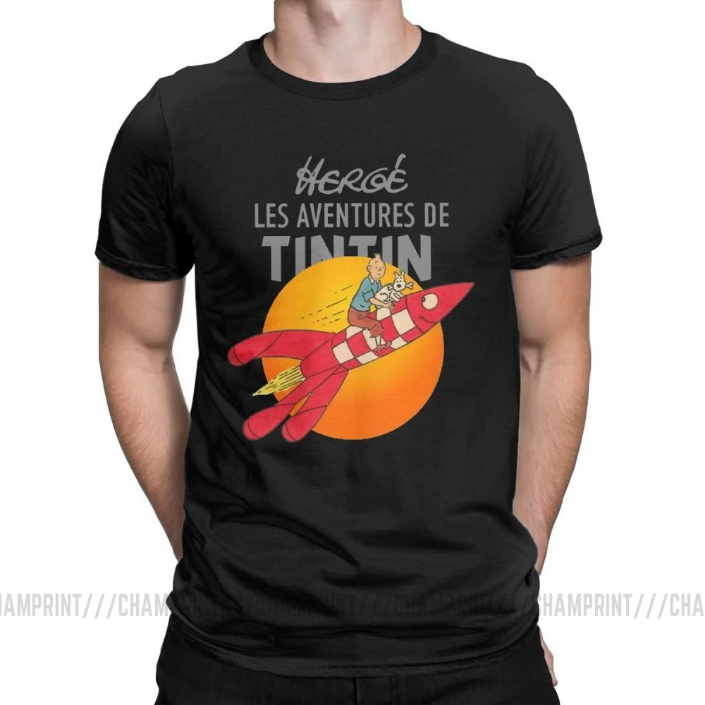 Мужские футболки TINTIN The adventures Of Tintin винтажные хлопковые футболки с коротким рукавом Одежда с вырезом лодочкой топы размера плюс - Цвет: Черный