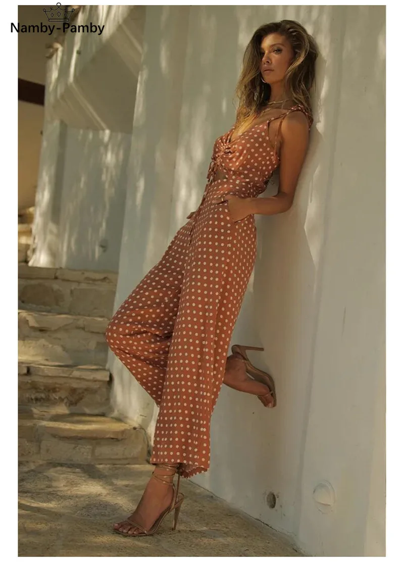 

Elegant Jumpsuits Women Sleeveless Polka Dots Loose Trousers Wide Leg Pants Rompers Holiday Backless Bow Leotard Overalls Sexy