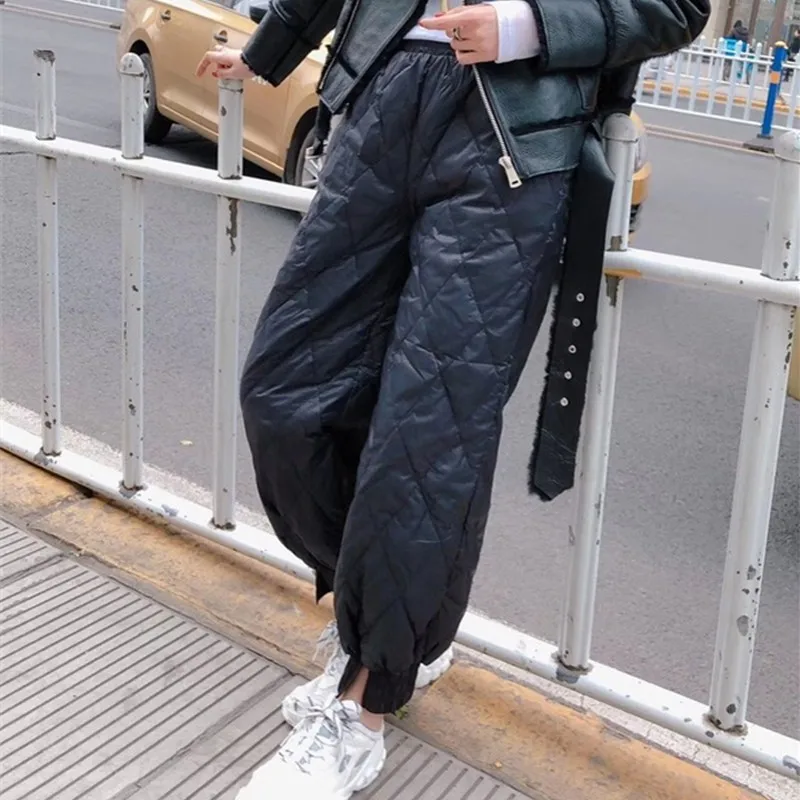 

Thin Down Cotton Pants Women Winter Elastic Waist Casual Pencil Straight Pants High Street White Trousers Sweatpants Female