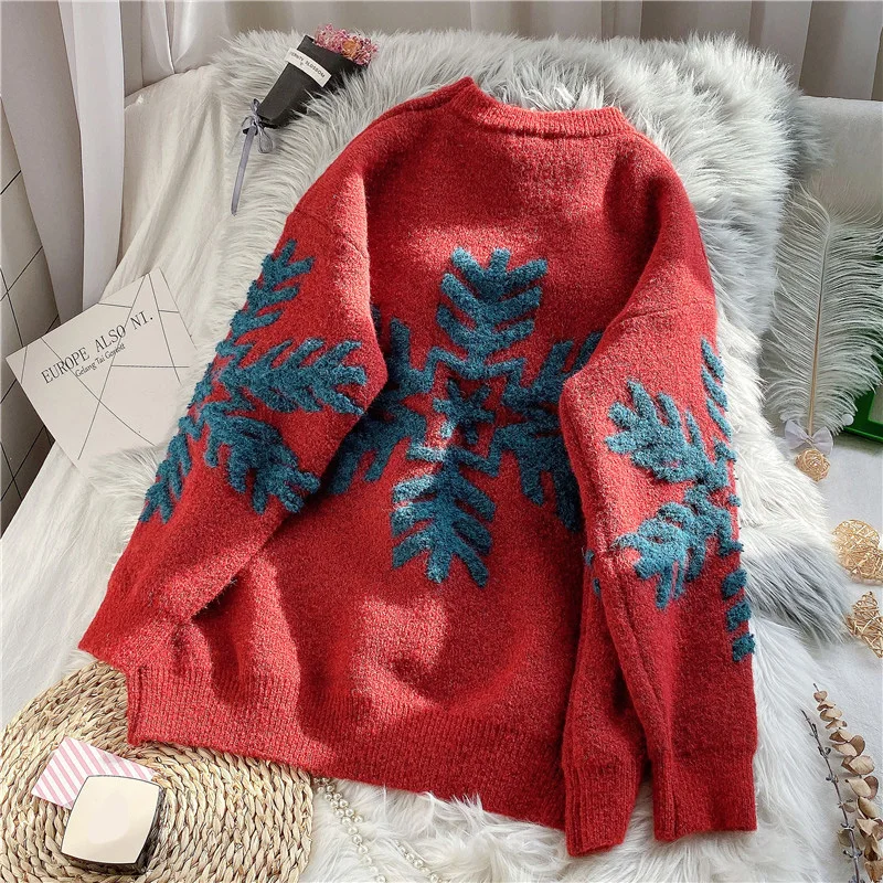 

snowflake knitted women sweaters and pullovers long-sleeved loose thicken warm lady pulls outwear coat tops