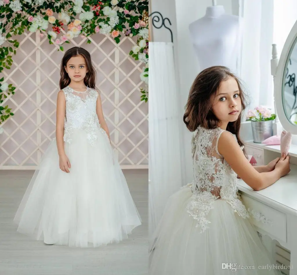 

Cute White Lace Appliqued Flower Girl Dress Cheap First Communication Dress Long Girl Birthday Formal Party Wedding Gown