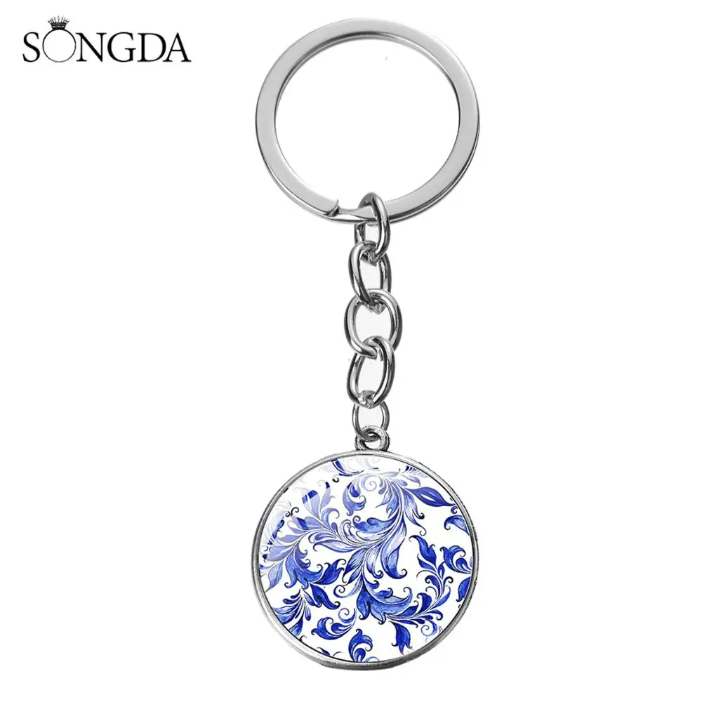 Классический Цветочный птица с живописным узором брелок Мода синий и белый