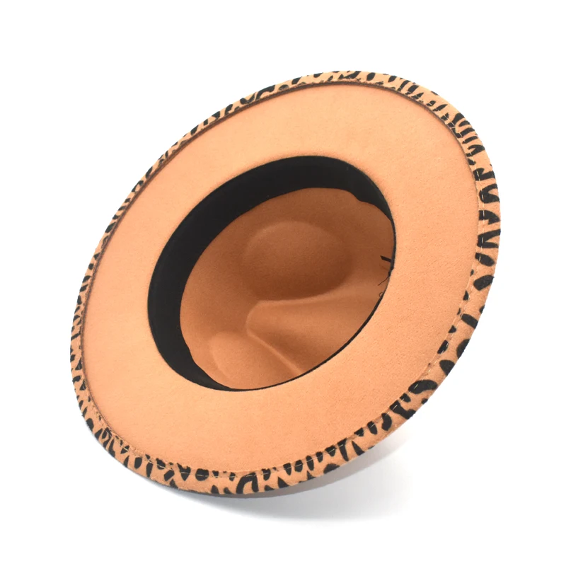 Women's Flat Brim Wool Felt Jazz Fedora Hat Men's Women's Leopard Print Leather Band Decoration Trilby Panama  Hat F97