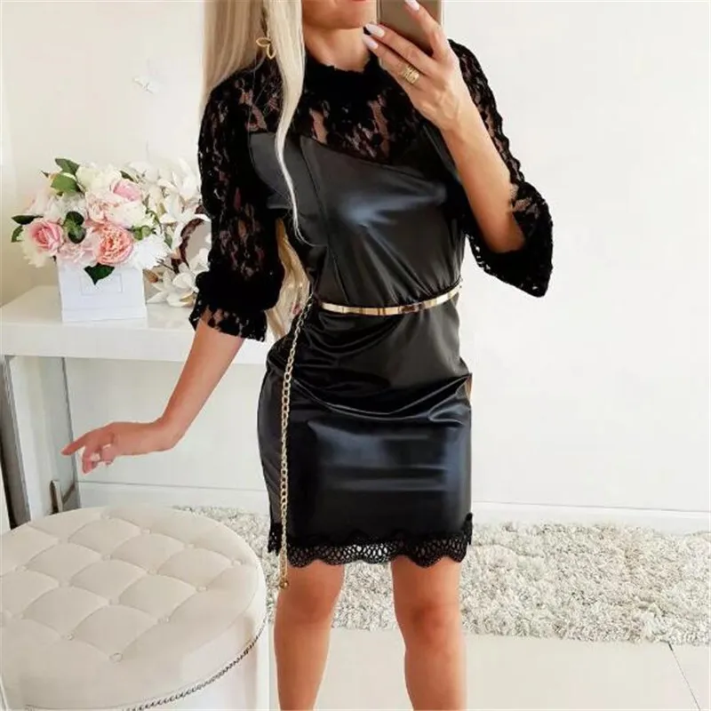 Весеннее Сексуальное Женское Платье из искусственной кожи Кружевное облегающее