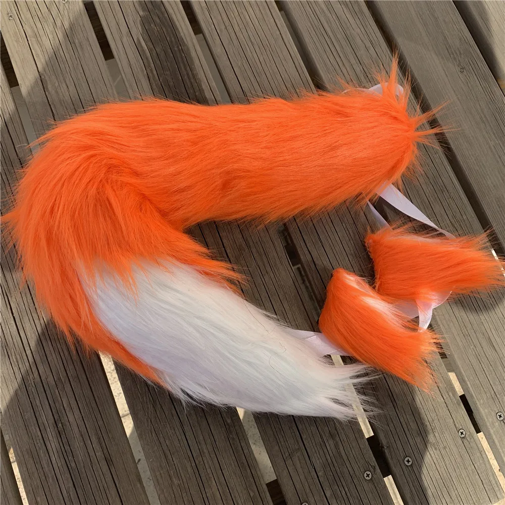 

Оранжево-белый Пушистый Плюшевый лисий хвост с ушками для косплея костюм на Хэллоуин для вечерние реквизит для косплея