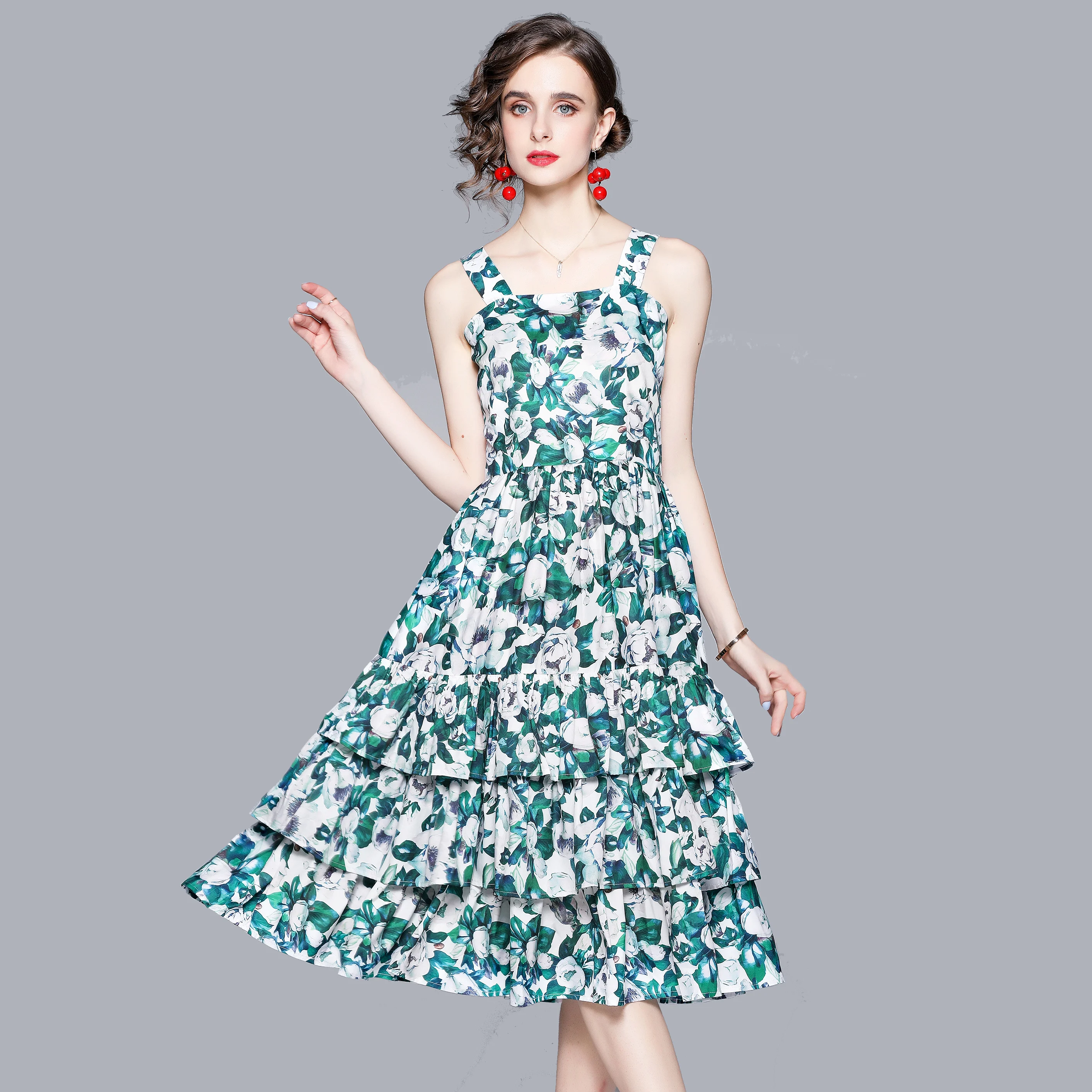 

Temperament Ladies New Green Spaghetti Strap Dress For Women Runway Elegant Floral Print Vacation Cascading Ruffle Dresses 2021