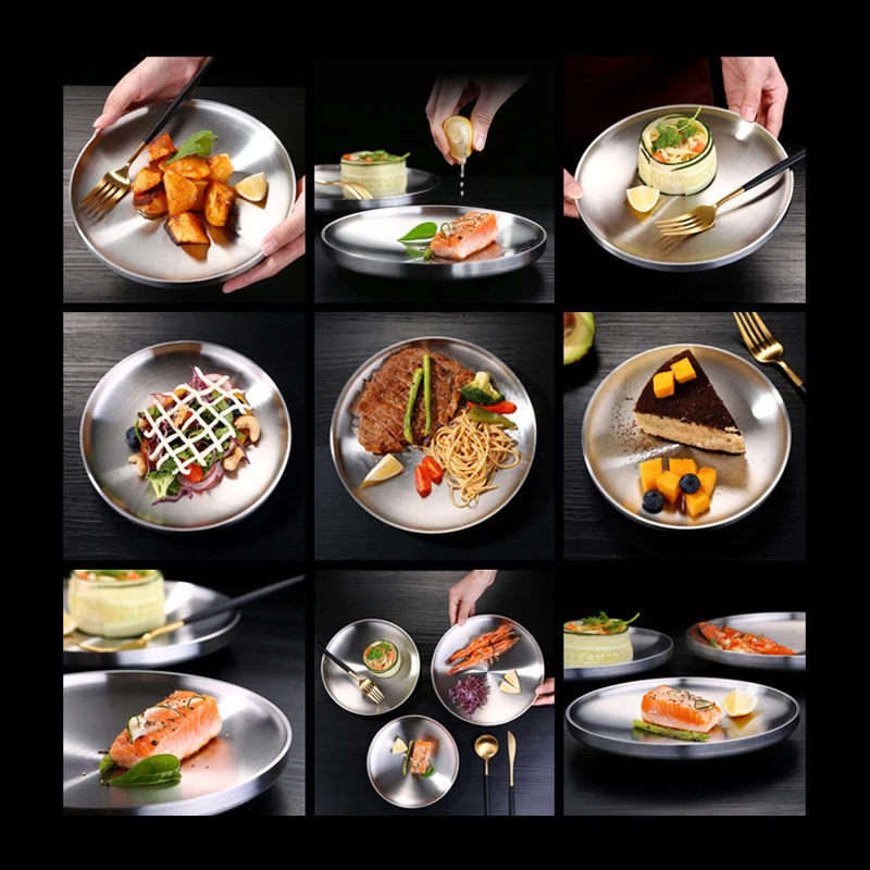 

Roestvrij staal ronde plaat vlakke plaat creatieve plaat dubbele maaltijd plaat schotel plaat huishoudelijk servies kom plaat ro