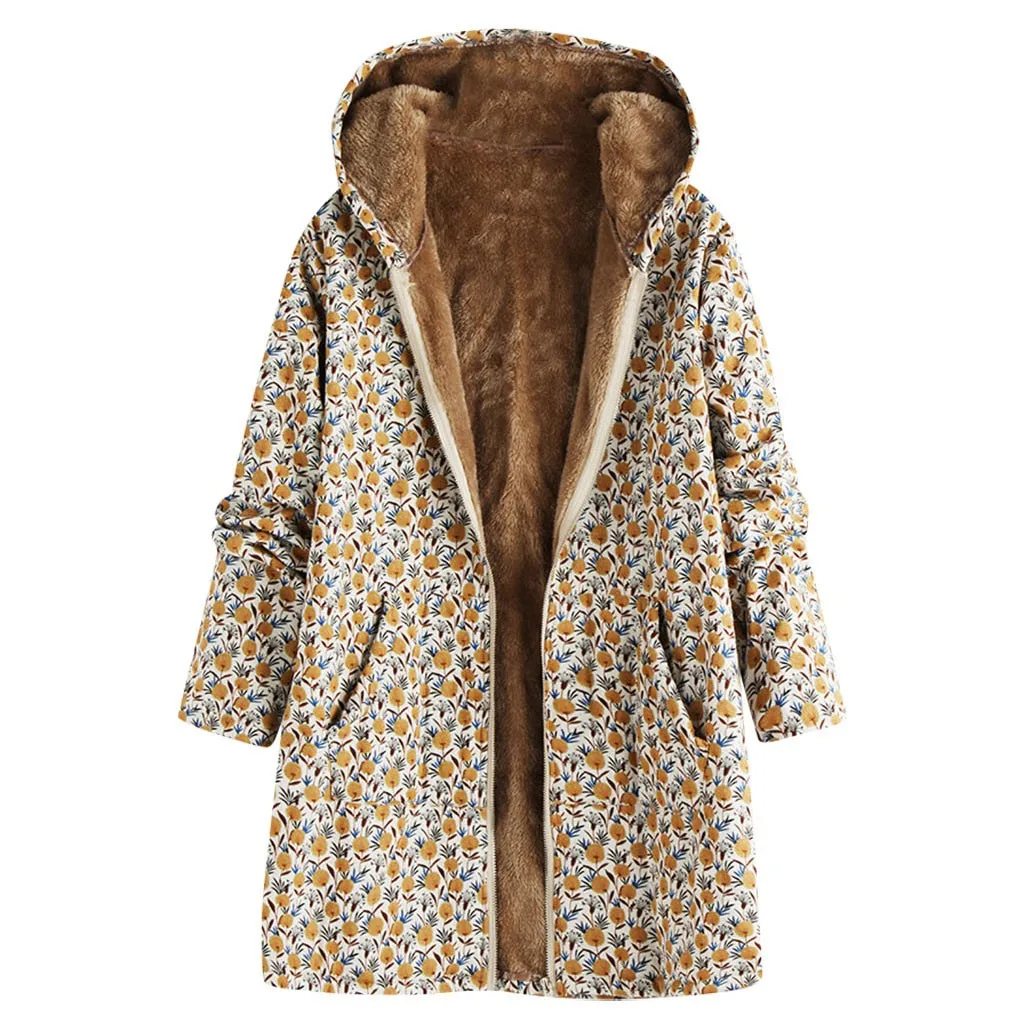 SAGACE Женское пальто размера плюс зимнее теплое винтажное с цветочным принтом
