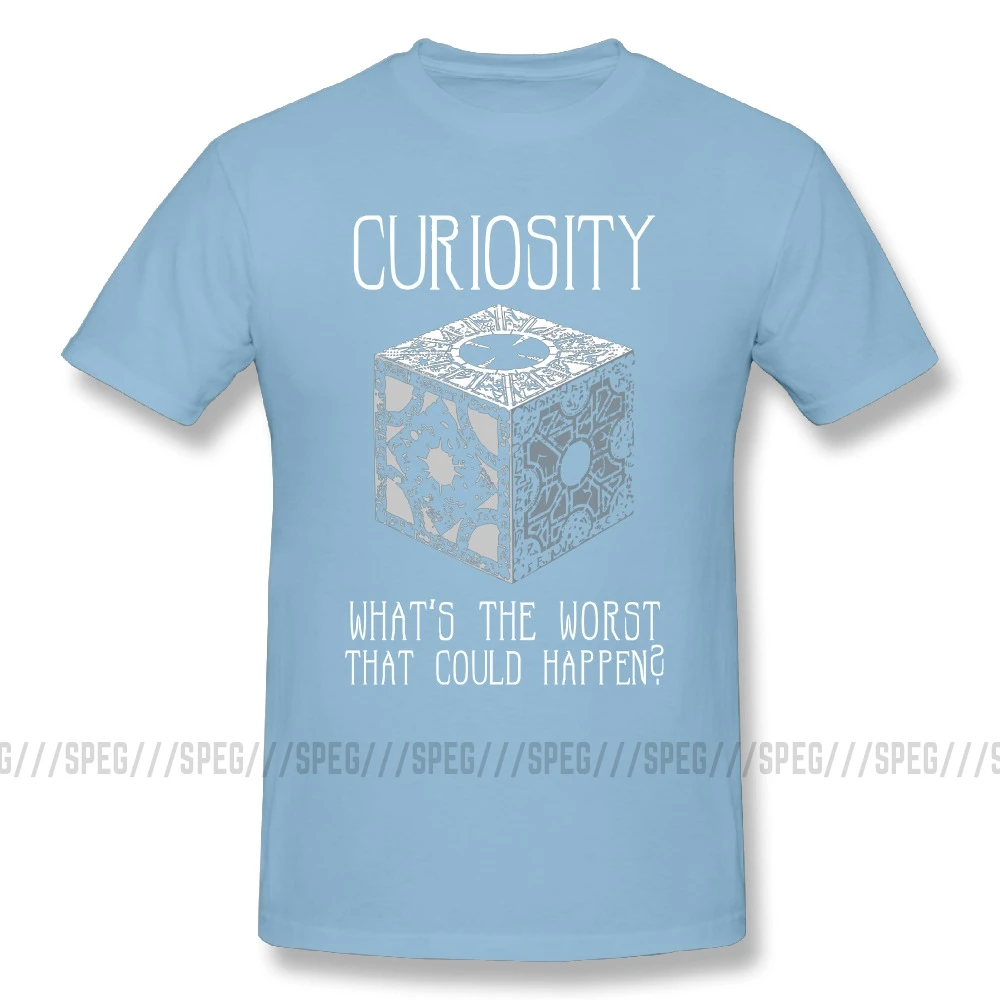 Мужские футболки из хлопка с коротким рукавом и рисунком из мультфильма "curiousity Killed Hellraiser", большая скидка, мужские футболки с круглым вырезом - Цвет: Небесно-голубой