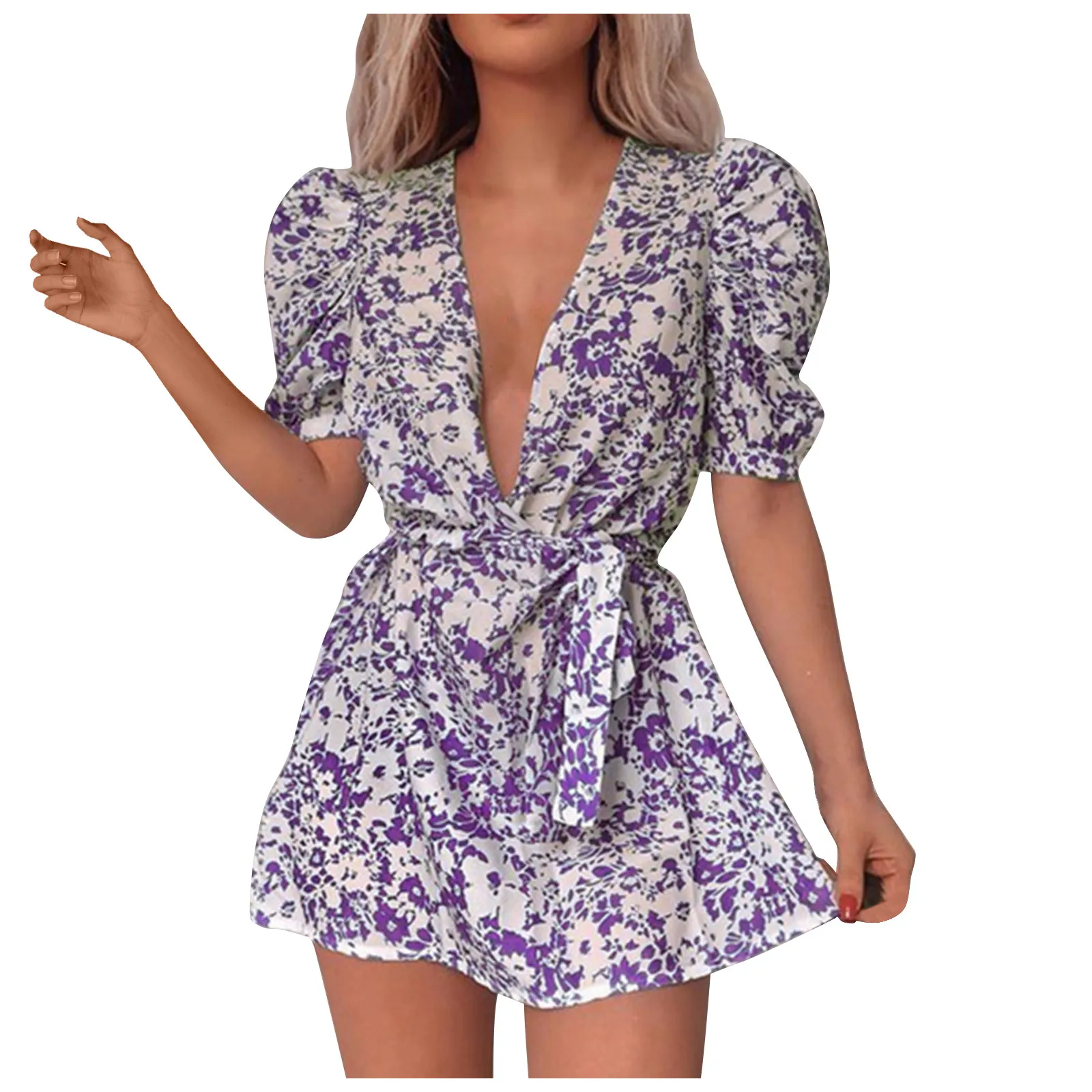 

Women's Fashion Casual Print Puff Sleeve Sexy V-neck Slim Belt Dress Dresses Dress Women Dresses For Women Robe Dresses
