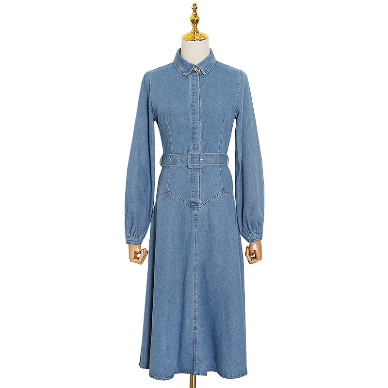 

Chao brand new fashion elegant lapel lantern sleeve with belt waist slim dress