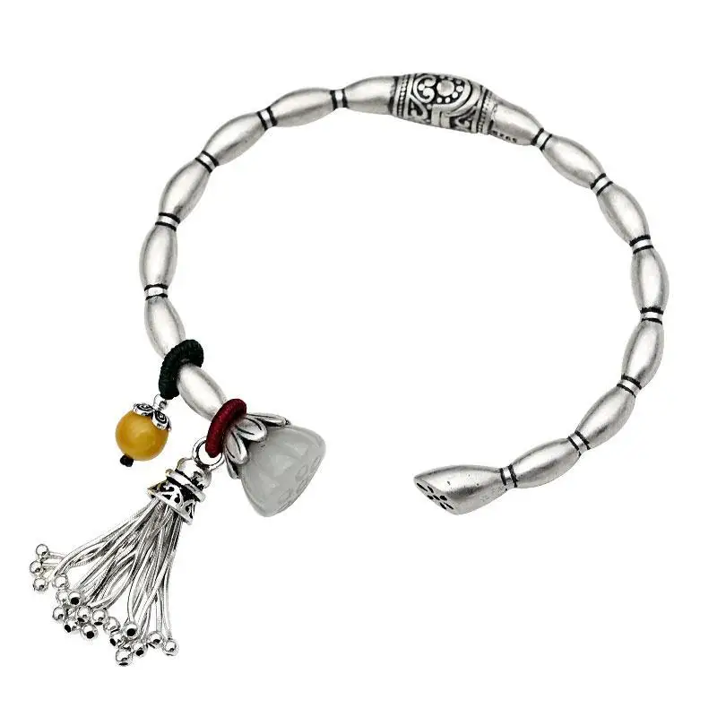 

S925 Silver Bracelet for Women Fashion Ornament Solid Open Handmade Silver Vintage Hetian Jade Lotus Root Bracelet Silver Bracel